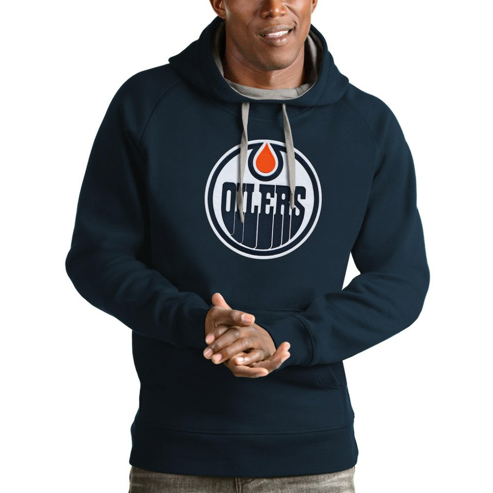 NHL Edmonton Oilers Antigua Logo Victory Pullover Hoodie - Navy
