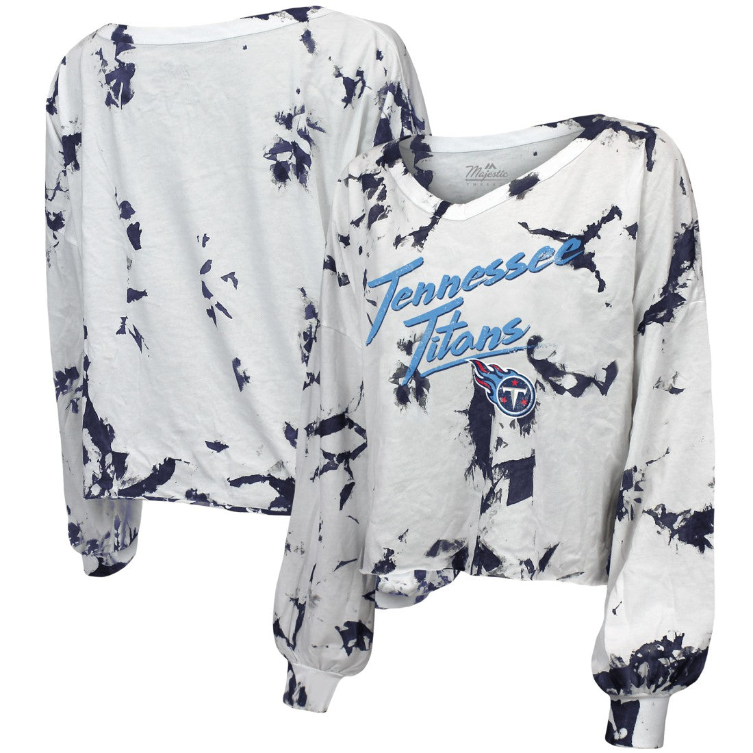 Tennessee Titans Majestic Threads Women's Off-Shoulder Tie-Dye V-Neck Long Sleeve T-Shirt White/Navy