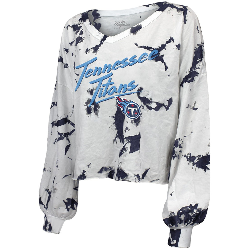 Tennessee Titans Majestic Threads Women's Off-Shoulder Tie-Dye V-Neck Long Sleeve T-Shirt White/Navy