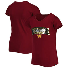Washington Commanders New Era Girls Youth Reverse Sequin Wordmark V-Neck T-Shirt Burgundy