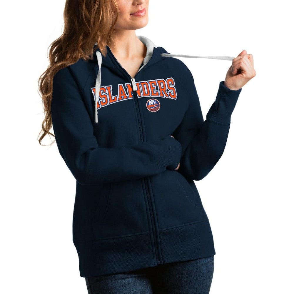 NHL New York Islanders Antigua Women's Wordmark Victory Full-Zip Hoodie - Navy