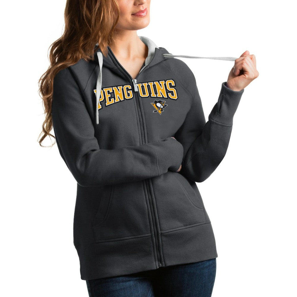 NHL Pittsburgh Penguins Antigua Women's Wordmark Victory Full-Zip Hoodie - Charcoal