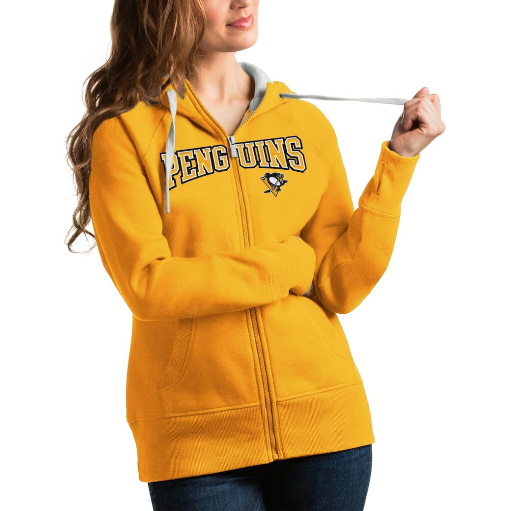 NHL Pittsburgh Penguins Antigua Women's Wordmark Victory Full-Zip Hoodie - Gold