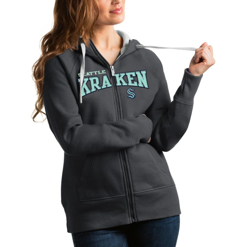 NHL Seattle Kraken Antigua Women's Wordmark Victory Full-Zip Hoodie - Charcoal
