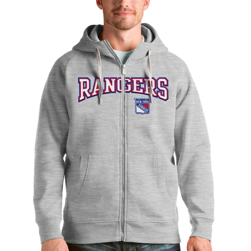 NHL New York Rangers Antigua Wordmark Victory Full-Zip Hoodie - Heathered Gray