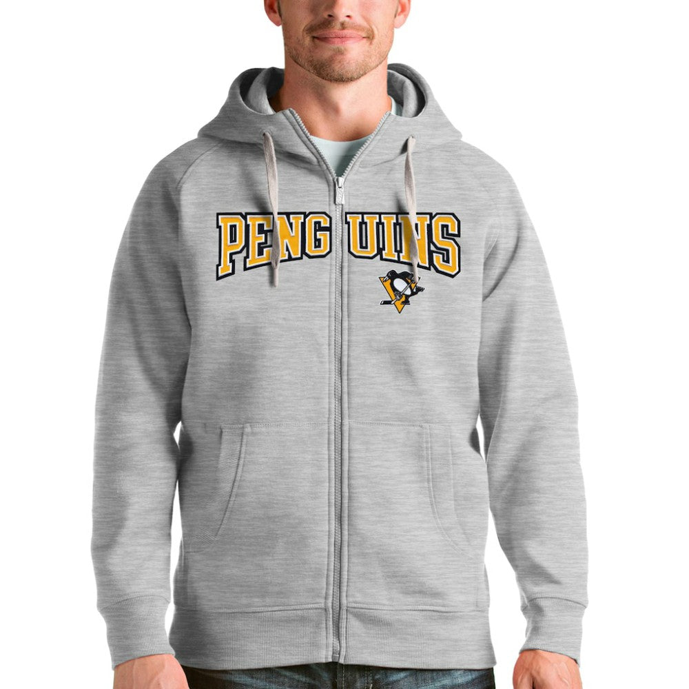 NHL Pittsburgh Penguins Antigua Wordmark Victory Full-Zip Hoodie - Heathered Gray
