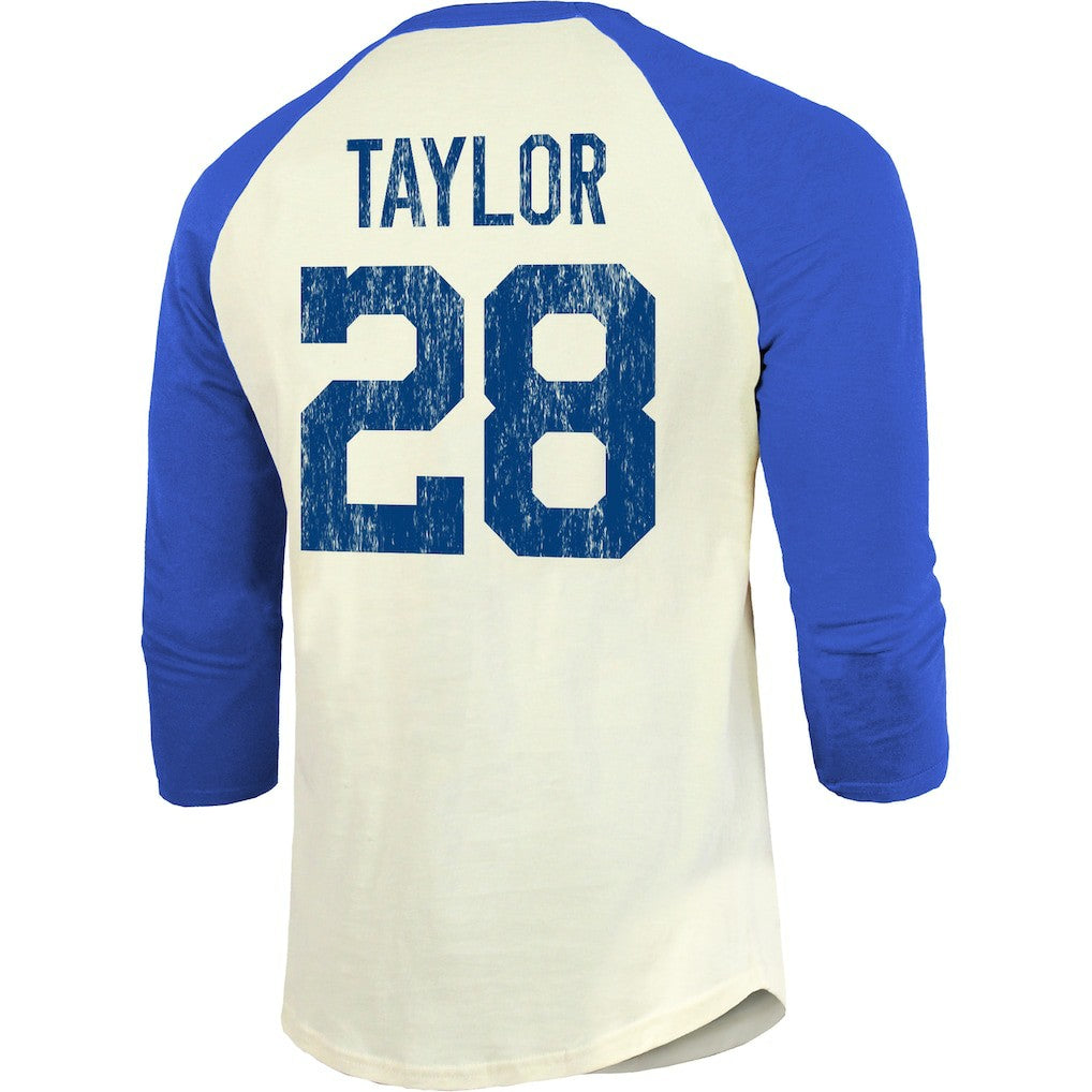 Jonathan Taylor Indianapolis Colts Majestic Threads Vintage Player Name & Number Raglan 3/4-Sleeve T-Shirt Cream/Royal