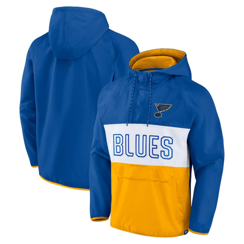 NHL St. Louis Blues Fanatics Backhand Shooter Defender Anorak Raglan Hoodie Quarter-Zip Jacket - Blue/Gold
