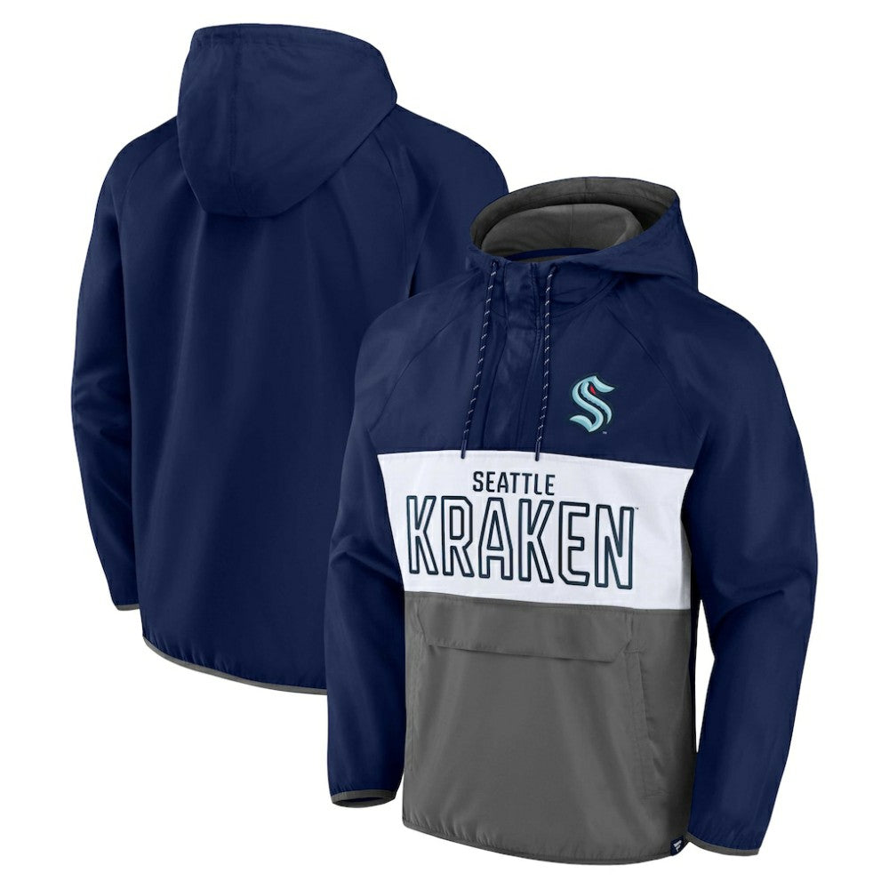 NHL Seattle Kraken Fanatics Backhand Shooter Defender Anorak Raglan Hoodie Quarter-Zip Jacket - Deep Sea Blue/Gray