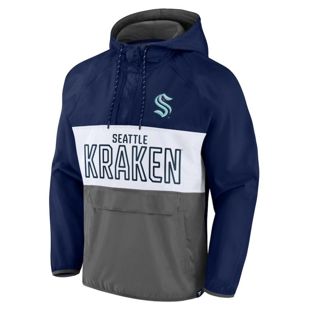NHL Seattle Kraken Fanatics Backhand Shooter Defender Anorak Raglan Hoodie Quarter-Zip Jacket - Deep Sea Blue/Gray