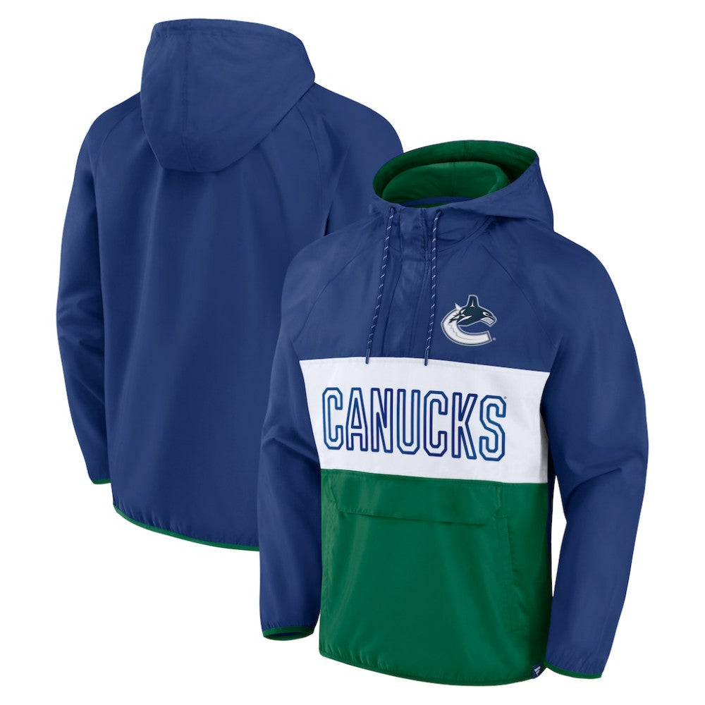 NHL Vancouver Canucks Fanatics Backhand Shooter Defender Anorak Raglan Hoodie Quarter-Zip Jacket - Blue/Green