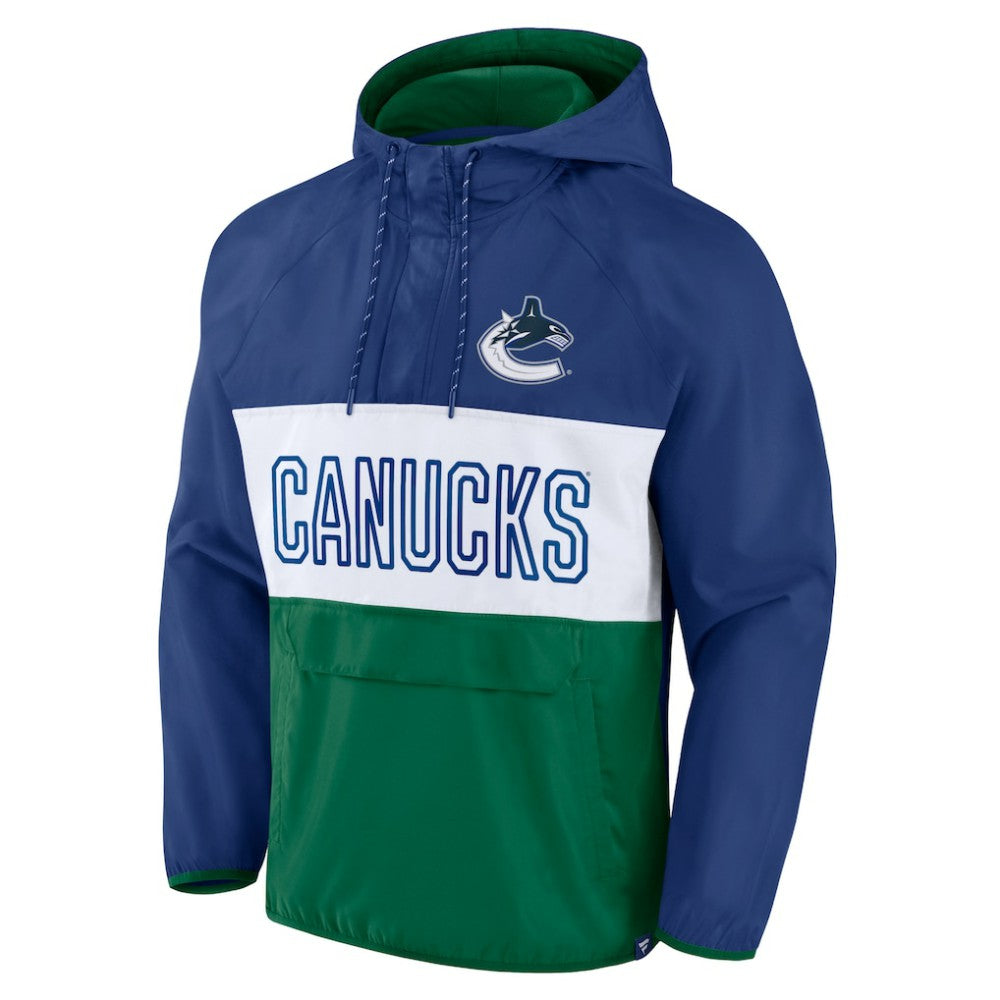 NHL Vancouver Canucks Fanatics Backhand Shooter Defender Anorak Raglan Hoodie Quarter-Zip Jacket - Blue/Green