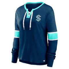 NHL Seattle Kraken Fanatics Women's Effervescent Exclusive Notch Neck Lace-Up Long Sleeve Slub T-Shirt - Navy