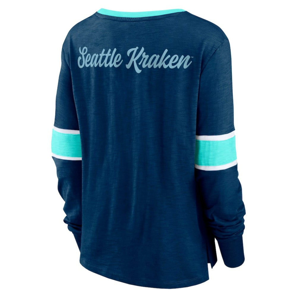 NHL Seattle Kraken Fanatics Women's Effervescent Exclusive Notch Neck Lace-Up Long Sleeve Slub T-Shirt - Navy