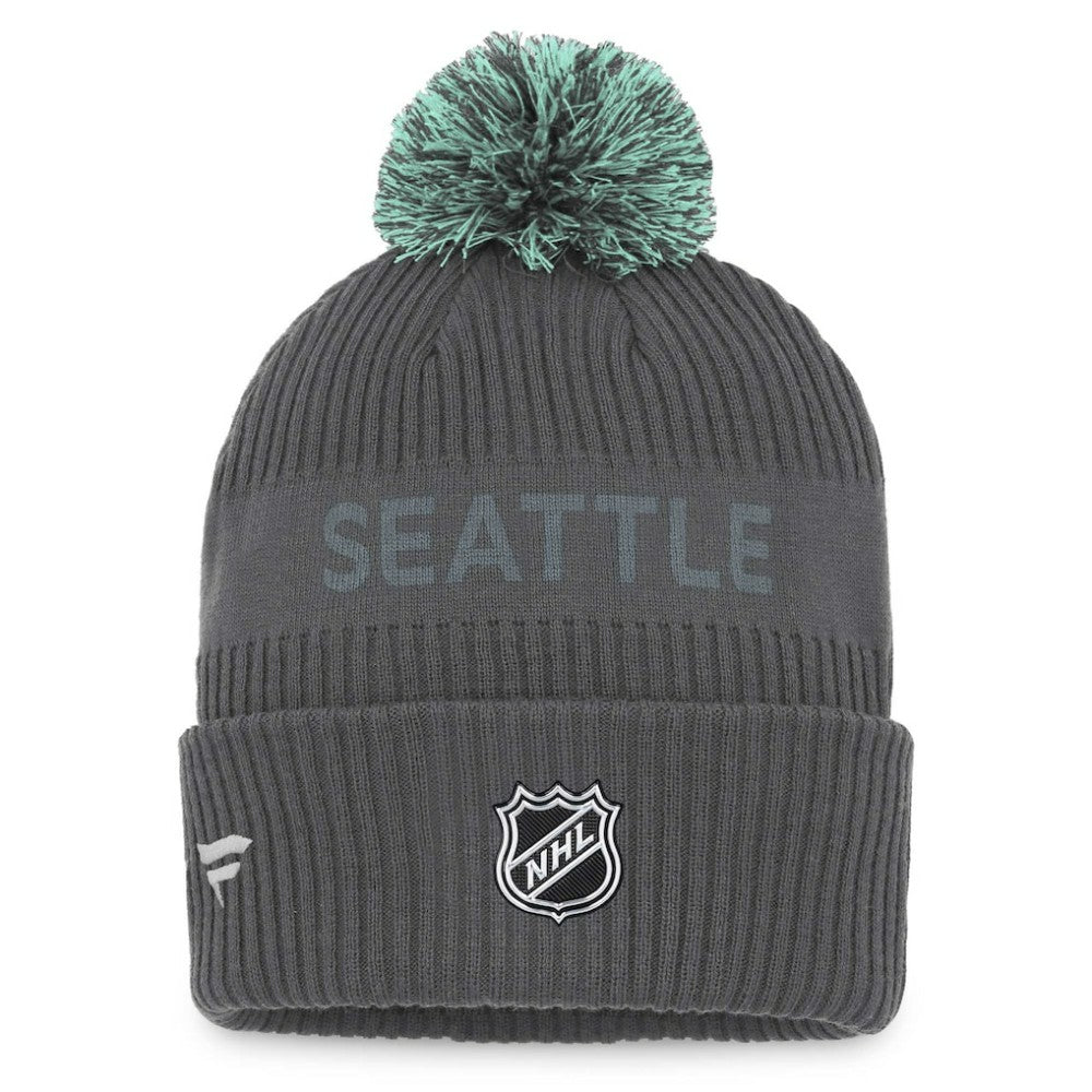 NHL Seattle Kraken Fanatics Authentic Pro Home Ice Cuffed Knit Hat with Pom - Charcoal