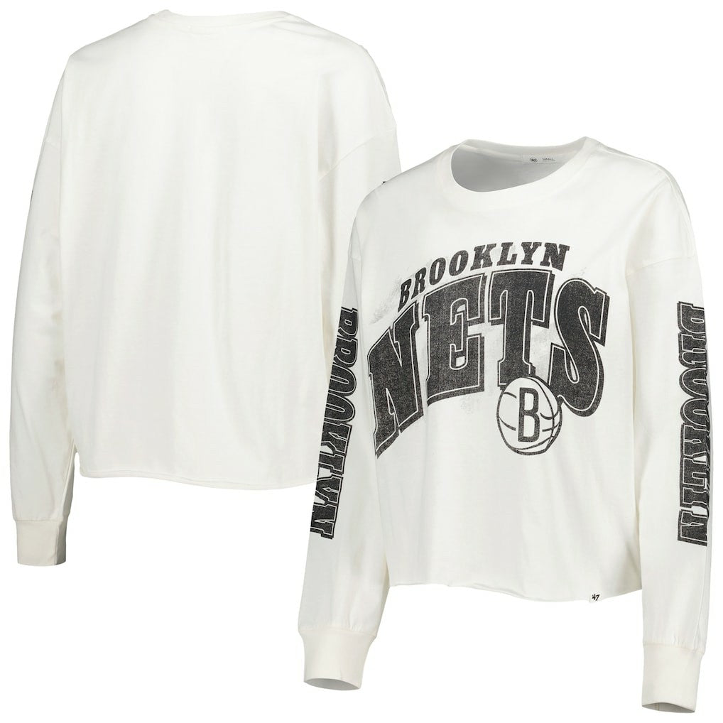 Brooklyn Nets '47 Women's Parkway Brush Back Long Sleeve Cropped T-Shirt Cream