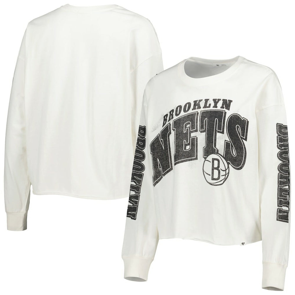Brooklyn Nets '47 Women's Parkway Brush Back Long Sleeve Cropped T-Shirt Cream