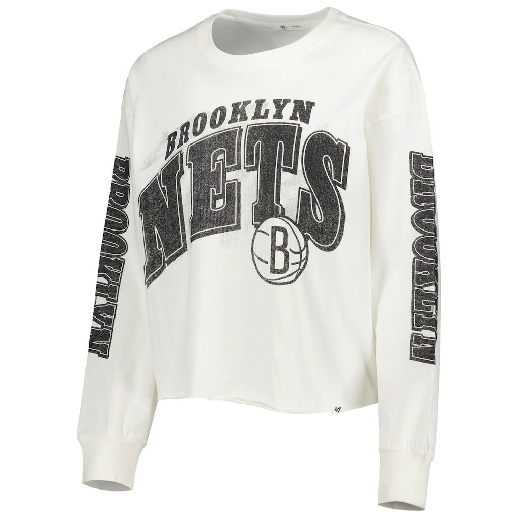 Brooklyn Nets '47 Women's Parkway Brush Back Long Sleeve Cropped T-Shirt Cream
