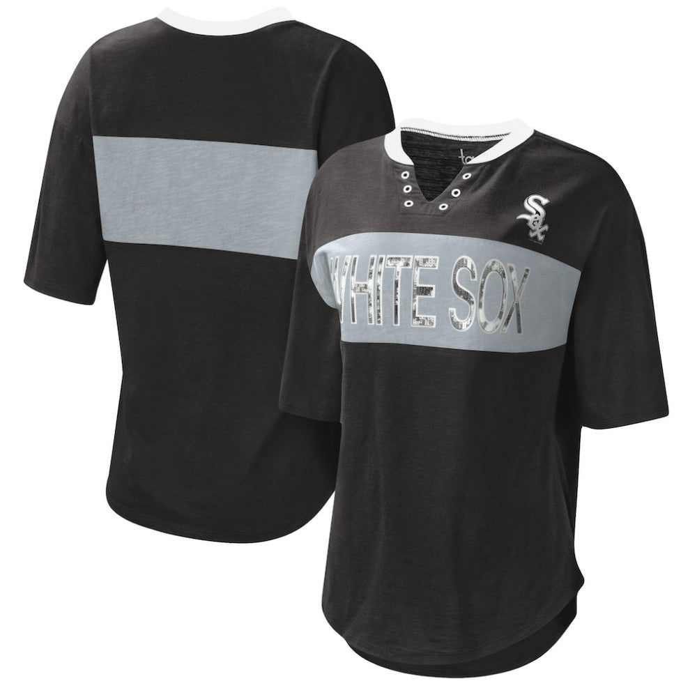 Chicago White Sox Touch Women's Lead Off Notch Neck T-Shirt - Black/Silver T-shirts