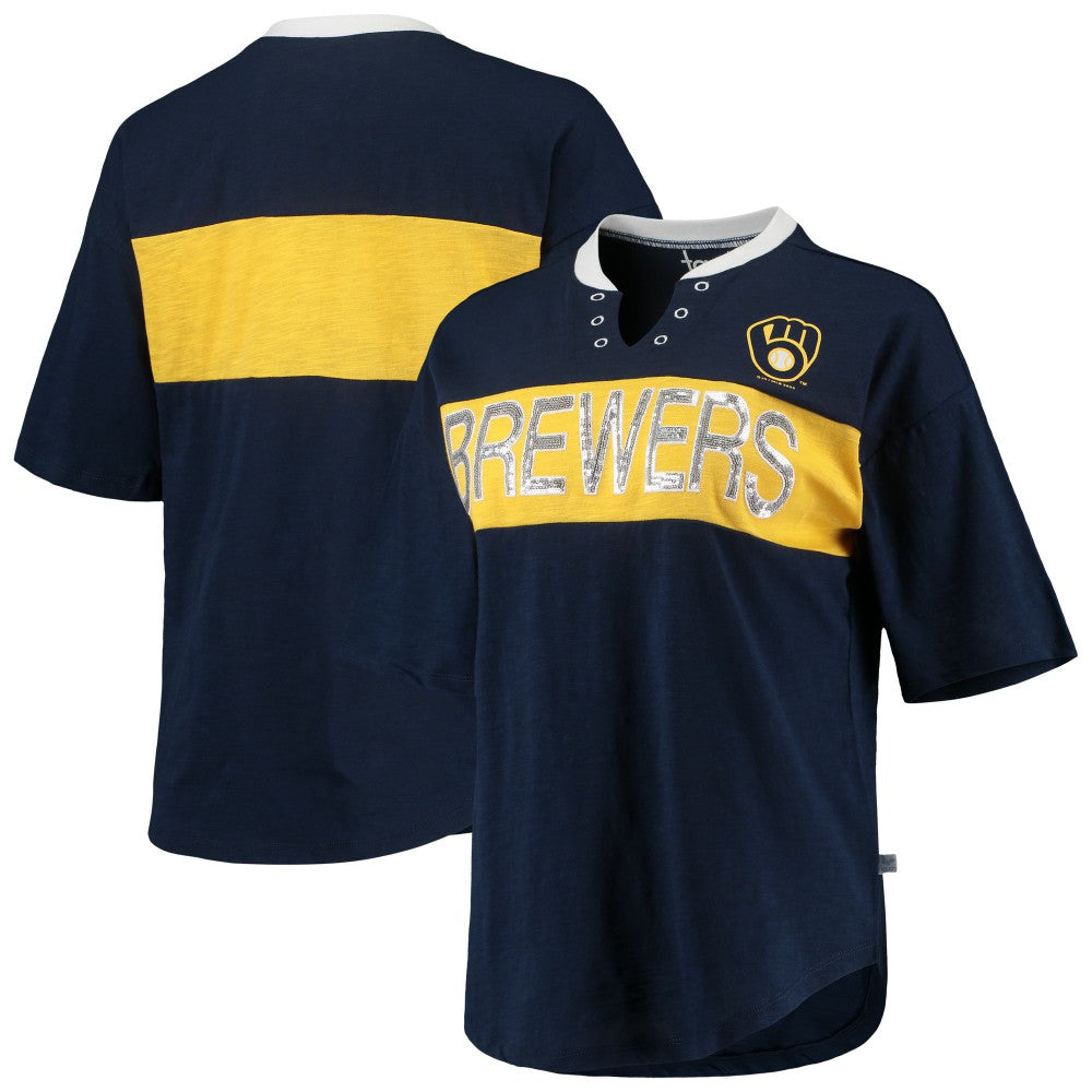 Milwaukee Brewers Touch Women's Lead Off Notch Neck T-Shirt - Navy/Gold T-shirts