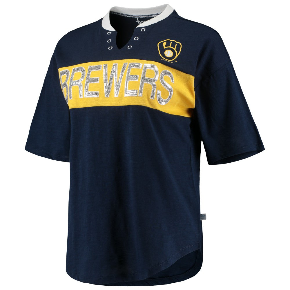 Milwaukee Brewers Touch Women's Lead Off Notch Neck T-Shirt - Navy/Gold T-shirts