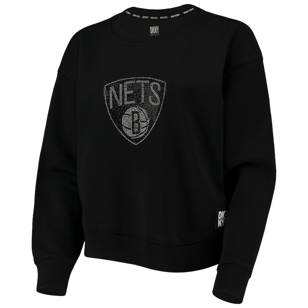 Brooklyn Nets DKNY Sport Women's Carrie Rhinestone Pullover Sweatshirt Black