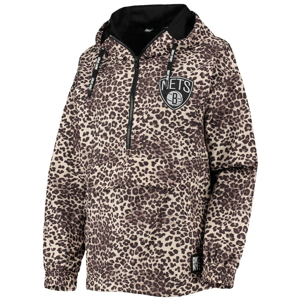 Brooklyn Nets DKNY Sport Women's Gabriella Windbreaker Half-Zip Hoodie Leopard