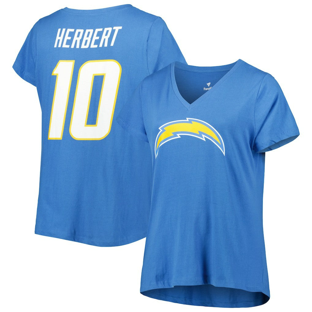 Justin Herbert Los Angeles Chargers Women's Plus Size Name & Number V-Neck T-Shirt Powder Blue