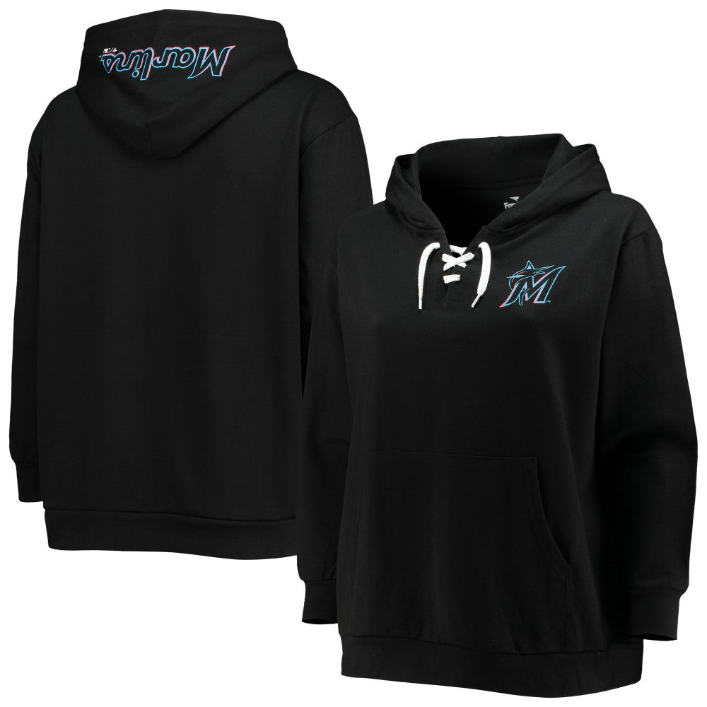 Miami Marlins Women's Plus Size Lace-Up V-Neck Pullover Hoodie - Black Hoodies