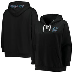 Miami Marlins Women's Plus Size Lace-Up V-Neck Pullover Hoodie - Black Hoodies