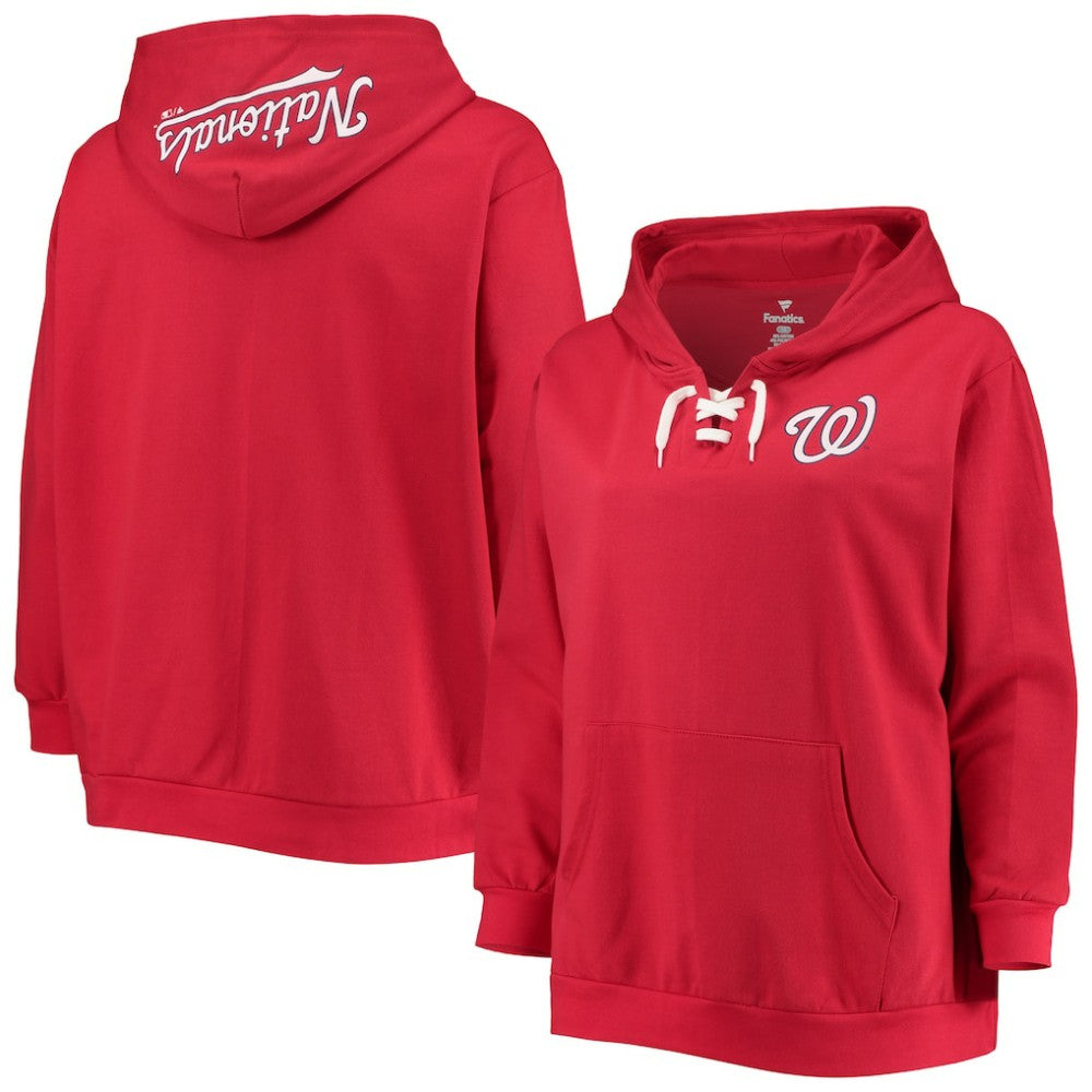 Washington Nationals Women's Plus Size Lace-Up V-Neck Pullover Hoodie - Red Hoodies