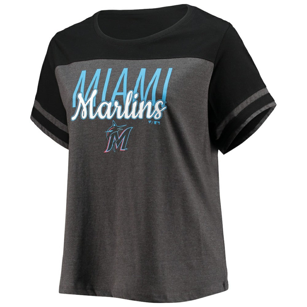 Miami Marlins Women's Plus Size Colorblock T-Shirt - Heathered Charcoal/Black T-shirts