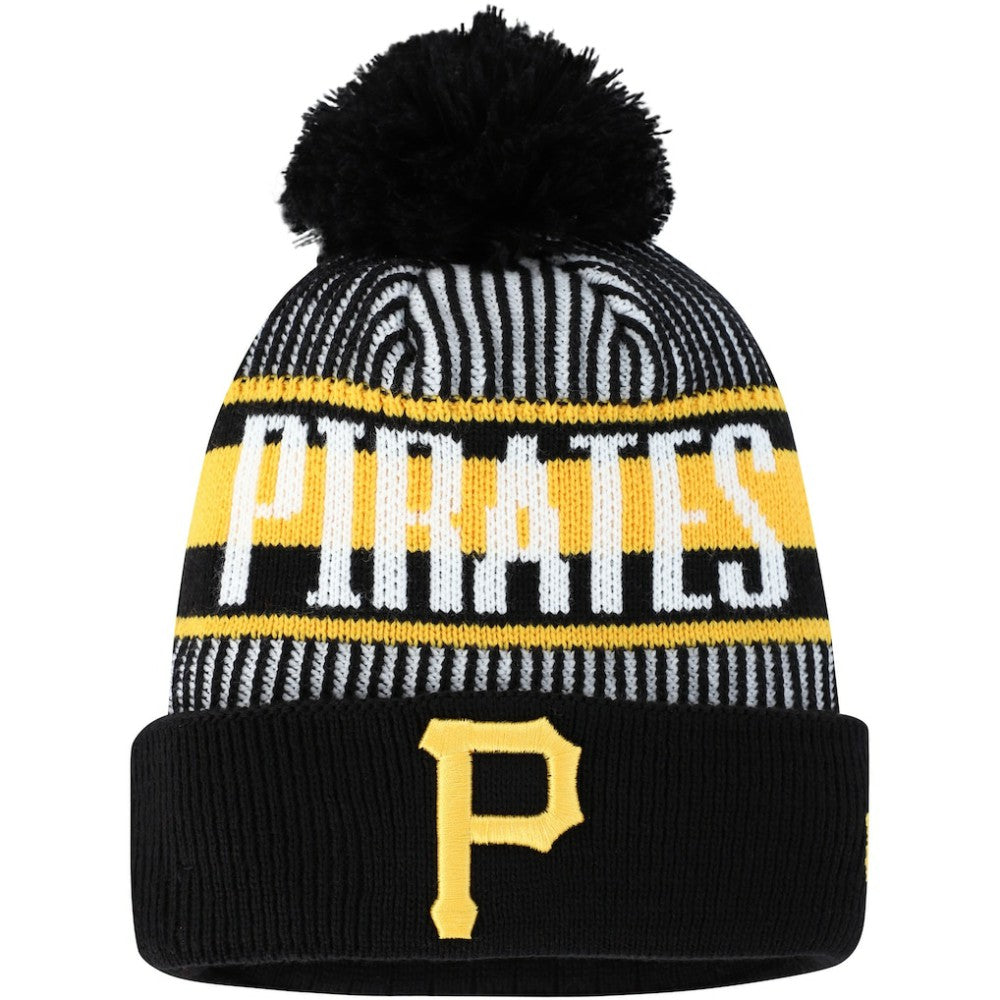 Pittsburgh Pirates New Era Youth Striped Cuffed Knit Hat with Pom - Black Hats