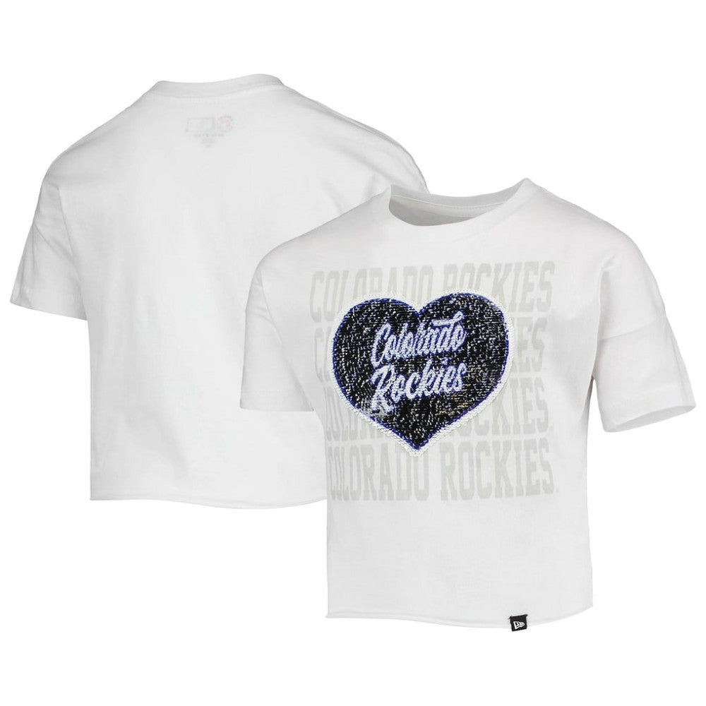 Colorado Rockies New Era Girls Youth Flip Sequin Heart Crop Top - White Tops