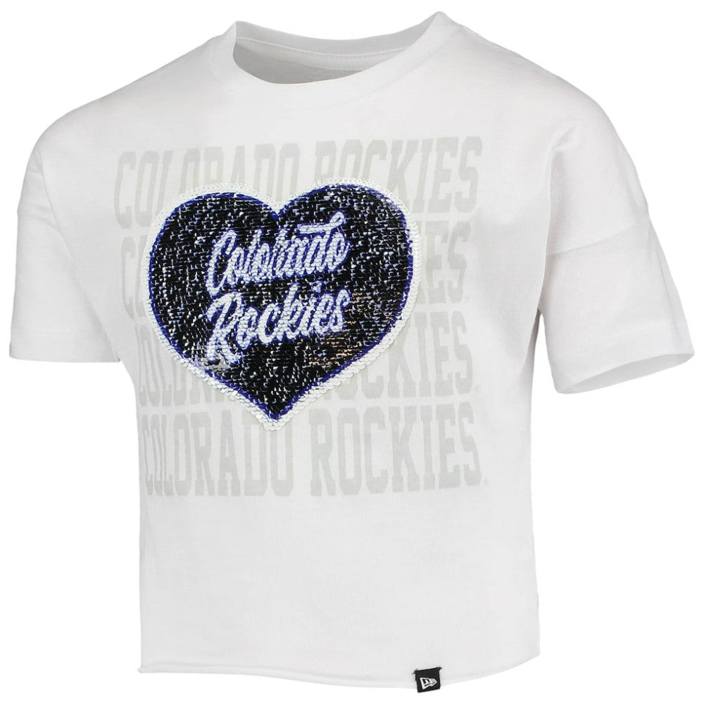 Colorado Rockies New Era Girls Youth Flip Sequin Heart Crop Top - White Tops