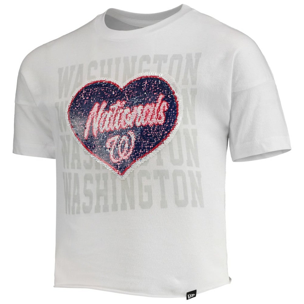 Washington Nationals New Era Girls Youth Flip Sequin Heart Crop Top - White Tops