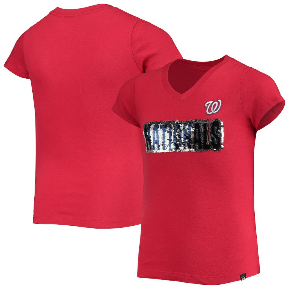 Washington Nationals New Era Girls Youth Flip Sequin Team T-Shirt - Red T-shirts