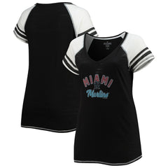 Miami Marlins Soft as a Grape Women's Curvy Color Block Tri-Blend Raglan V-Neck T-Shirt - Black T-shirts