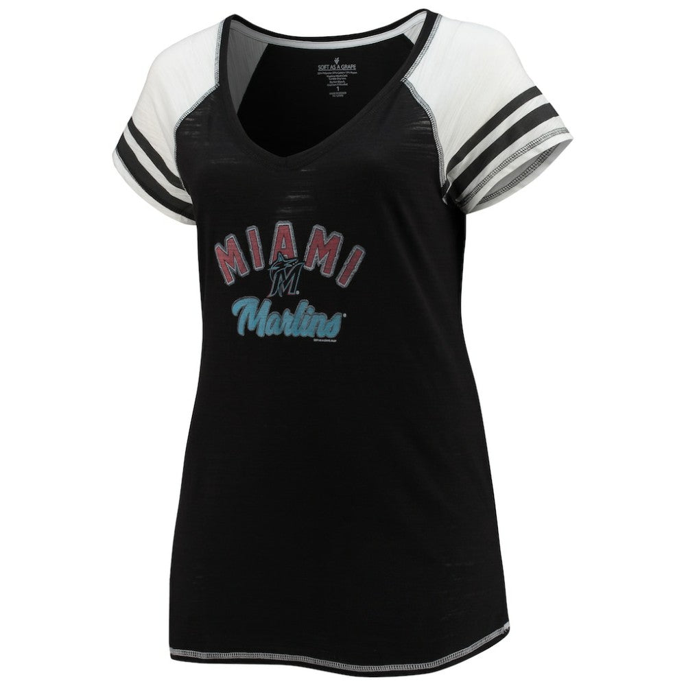 Miami Marlins Soft as a Grape Women's Curvy Color Block Tri-Blend Raglan V-Neck T-Shirt - Black T-shirts