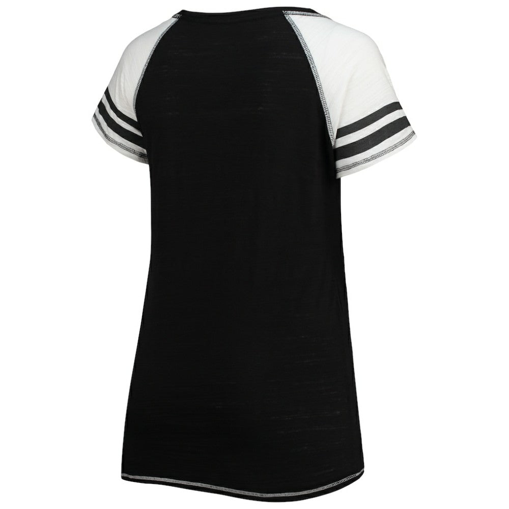 Miami Marlins Soft as a Grape Women's Curvy Color Block Tri-Blend Raglan V-Neck T-Shirt - Black T-shirts