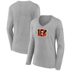 Cincinnati Bengals Women's Primary Team Logo Long Sleeve V-Neck T-Shirt Heather Gray