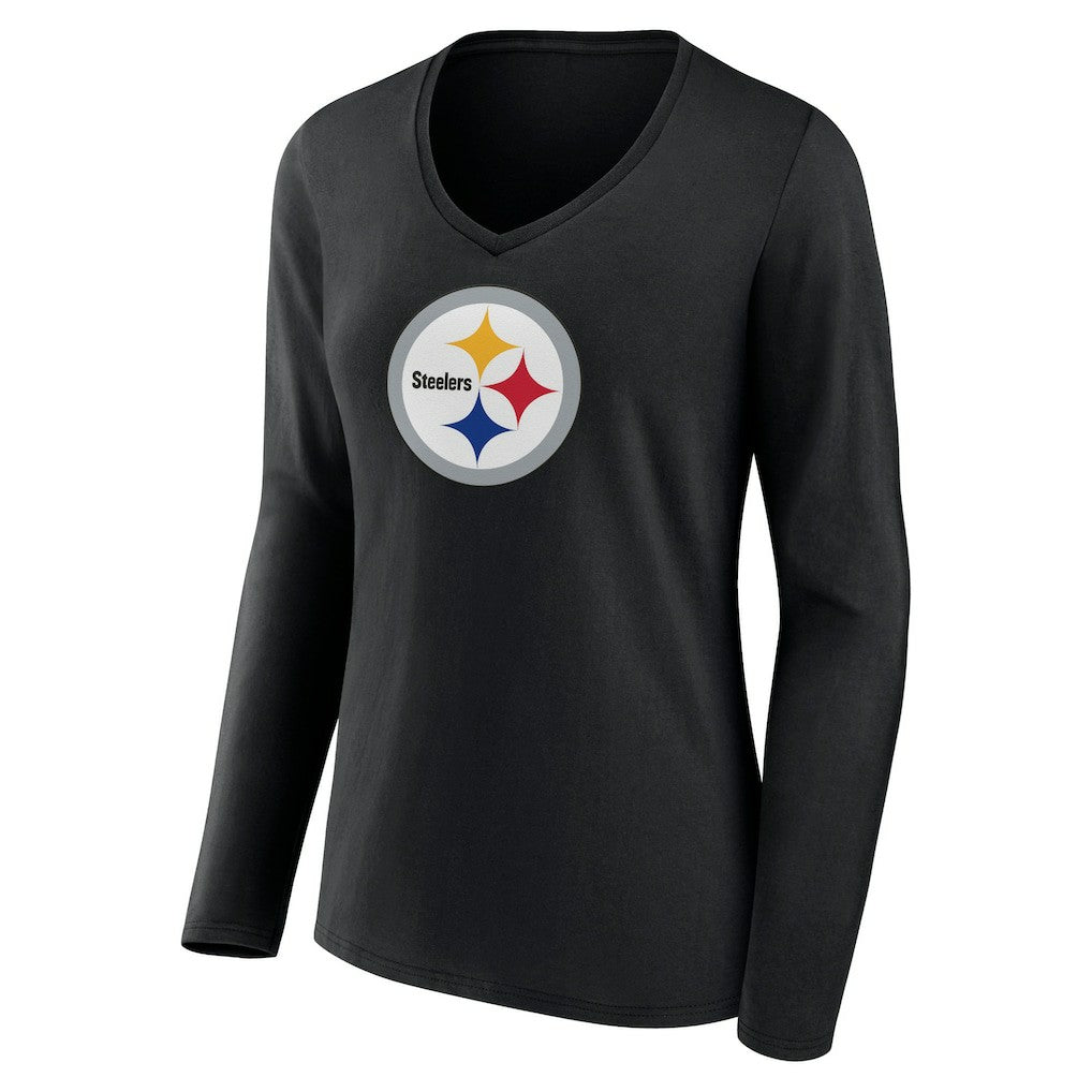 Pittsburgh Steelers Women's Primary Team Logo Long Sleeve V-Neck T-Shirt Black