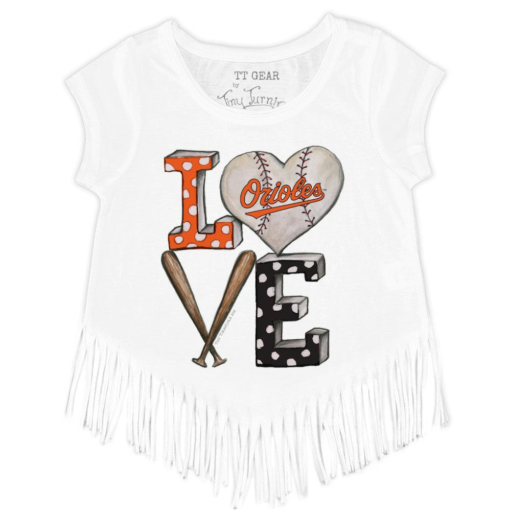Baltimore Orioles Tiny Turnip Girls Youth Baseball Love Fringe T-Shirt - White T-shirts