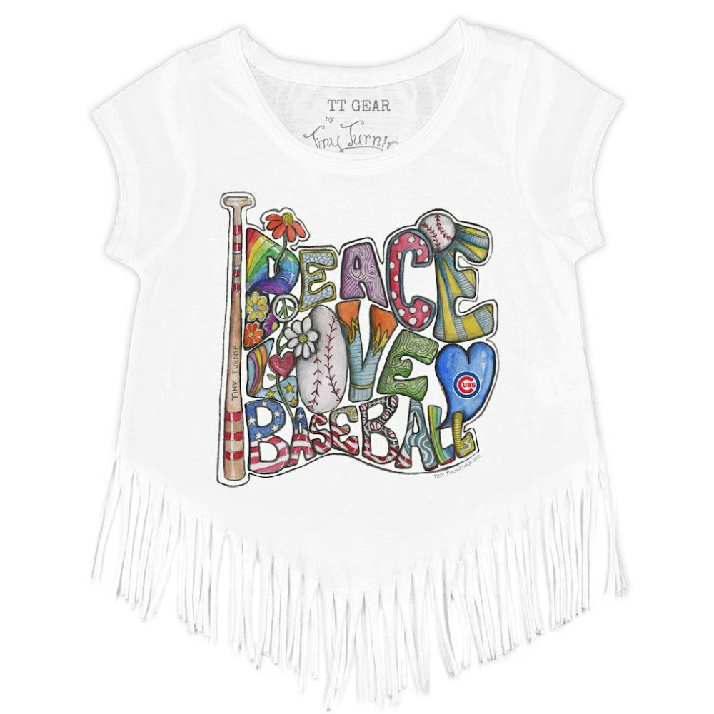 Chicago Cubs Tiny Turnip Girls Youth Peace Love Baseball Fringe T-Shirt - White T-shirts