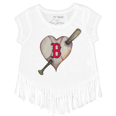 Boston Red Sox Tiny Turnip Girls Youth Heart Bat Fringe T-Shirt - White T-shirts