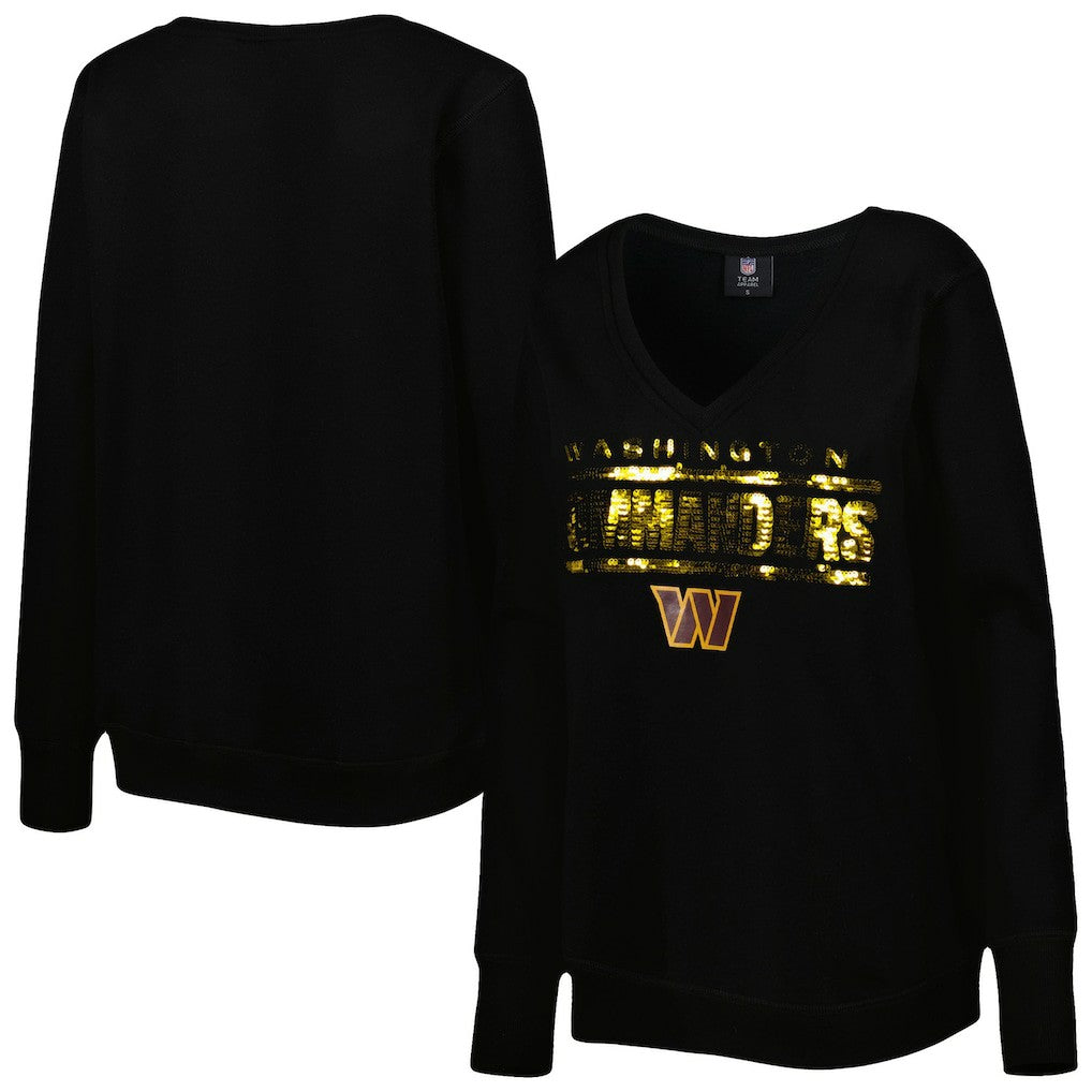 Washington Commanders Cuce Women's Sequin Logo V-Neck Pullover Sweatshirt Black