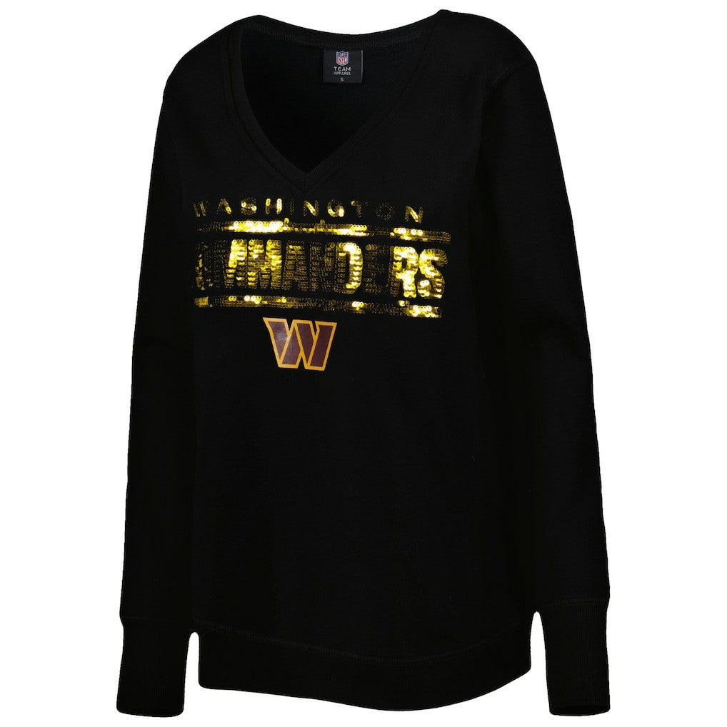 Washington Commanders Cuce Women's Sequin Logo V-Neck Pullover Sweatshirt Black