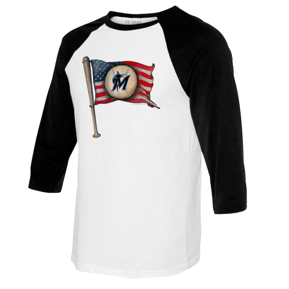 Miami Marlins Tiny Turnip Youth Baseball Flag Raglan 3/4 Sleeve T-Shirt - White/Black T-shirts
