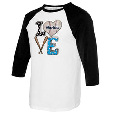 Miami Marlins Tiny Turnip Women's Baseball Love Raglan 3/4-Sleeve T-Shirt - White/Black T-shirts