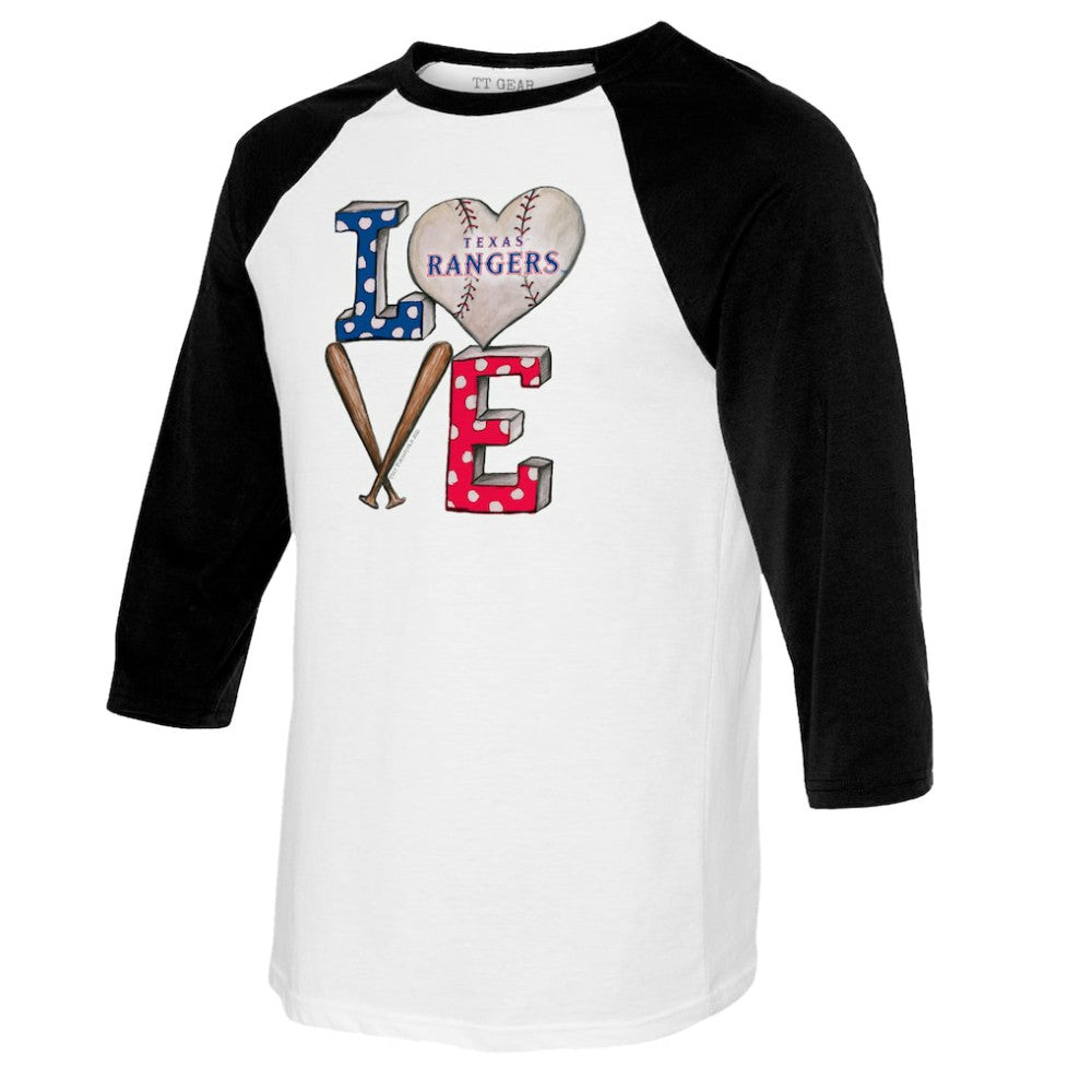 Texas Rangers Tiny Turnip Women's Baseball Love Raglan 3/4-Sleeve T-Shirt - White/Black T-shirts